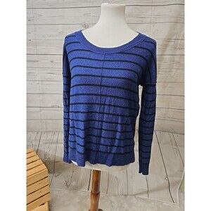 Max Studio 100% Extra-fine Merino Wool Pullover Sweater Blue Black Stripe Size L